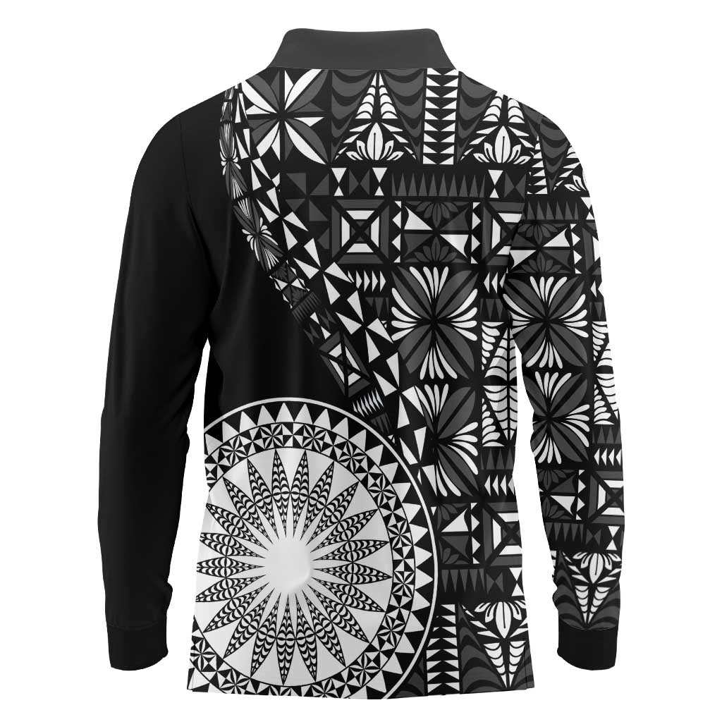 Black Tongan Ngatu Fonulei Pattern Long Sleeve Polo Shirt LT9 - Polynesian Pride