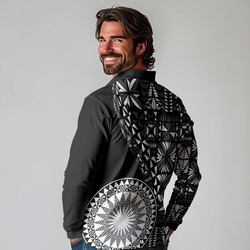Black Tongan Ngatu Fonulei Pattern Long Sleeve Polo Shirt LT9 - Polynesian Pride