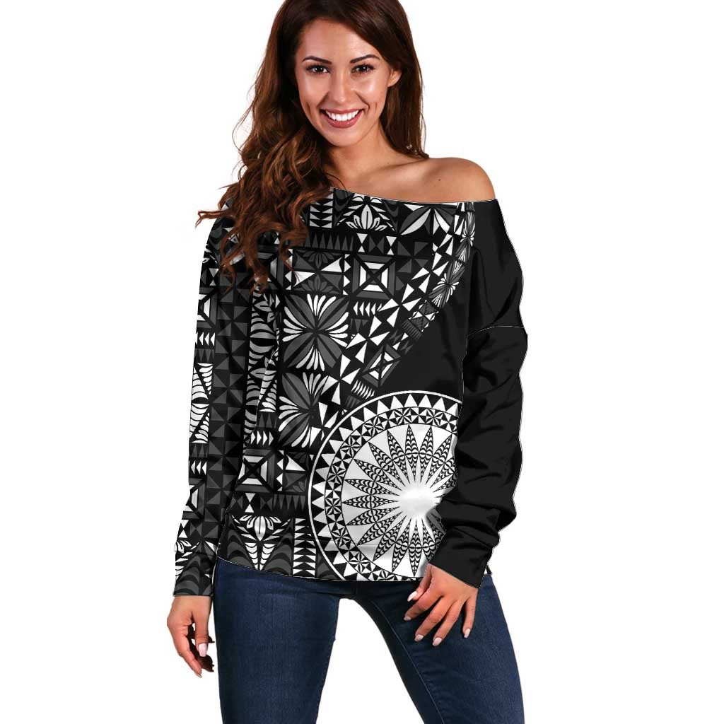 Black Tongan Ngatu Fonulei Pattern Off Shoulder Sweater LT9 Women Black - Polynesian Pride