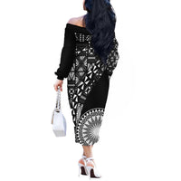 Black Tongan Ngatu Fonulei Pattern Off The Shoulder Long Sleeve Dress LT9 - Polynesian Pride