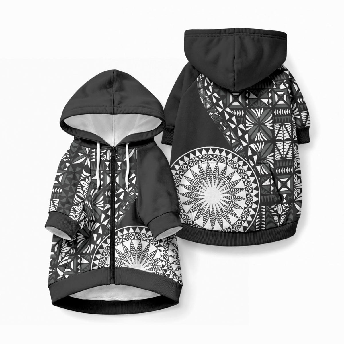 Black Tongan Ngatu Fonulei Pattern Pet Hoodie LT9 Zip-up Black - Polynesian Pride