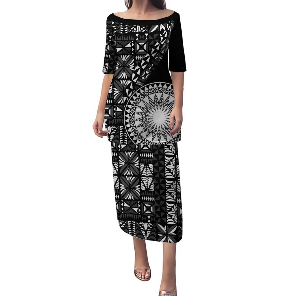 Black Tongan Ngatu Fonulei Pattern Puletasi LT9 Long Dress Black - Polynesian Pride