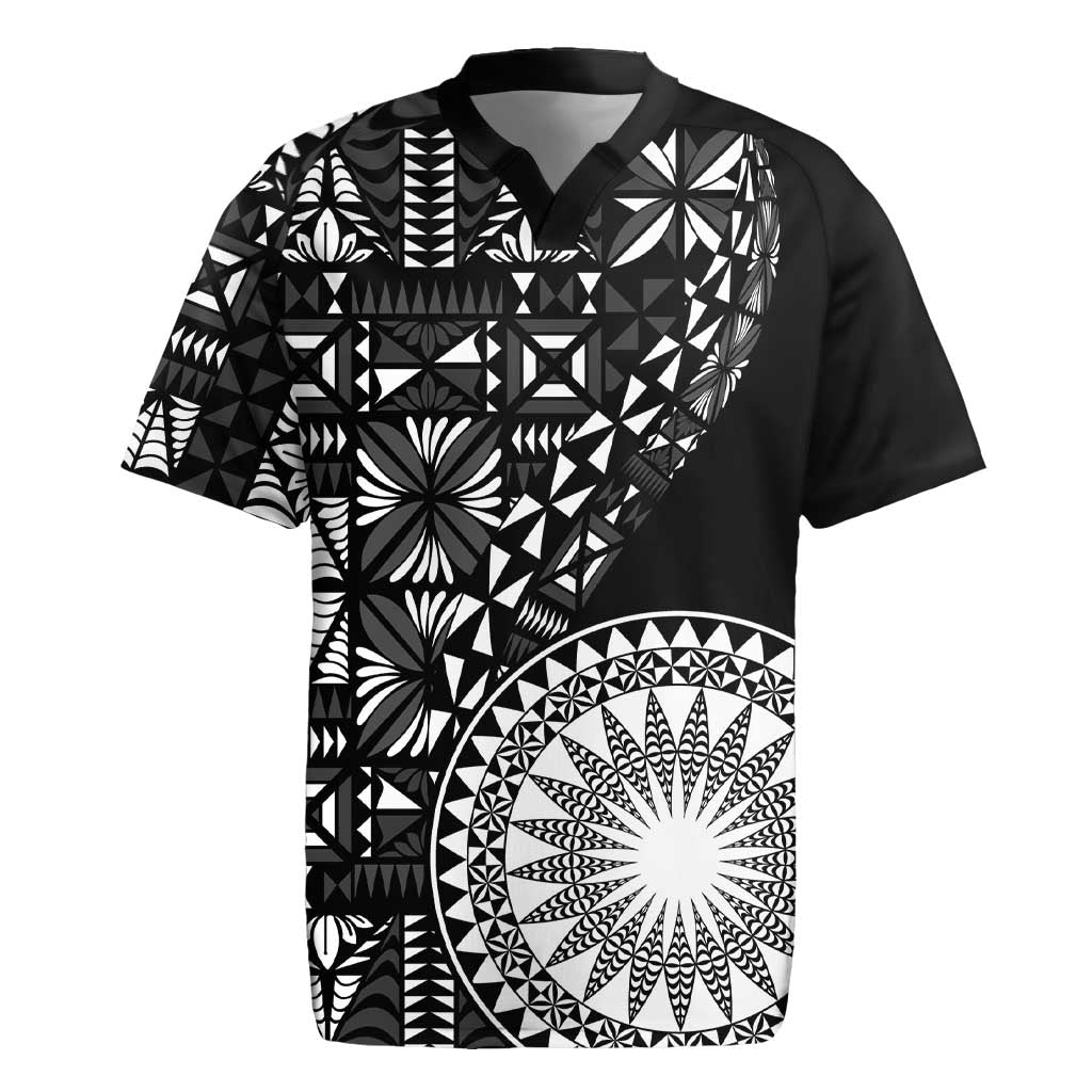 Black Tongan Ngatu Fonulei Pattern Rugby Jersey LT9 Black - Polynesian Pride