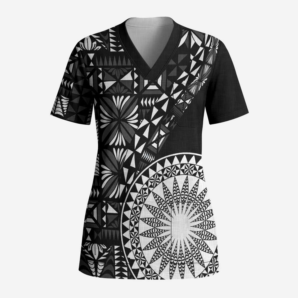 Black Tongan Ngatu Fonulei Pattern Scrub Top LT9 Adult Black - Polynesian Pride