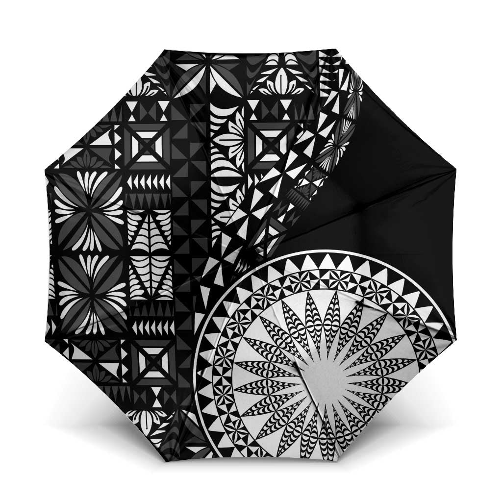 Black Tongan Ngatu Fonulei Pattern Umbrella LT9 One Size Folded 11.42 inch Opened Diameter 37.4 inch Black - Polynesian Pride