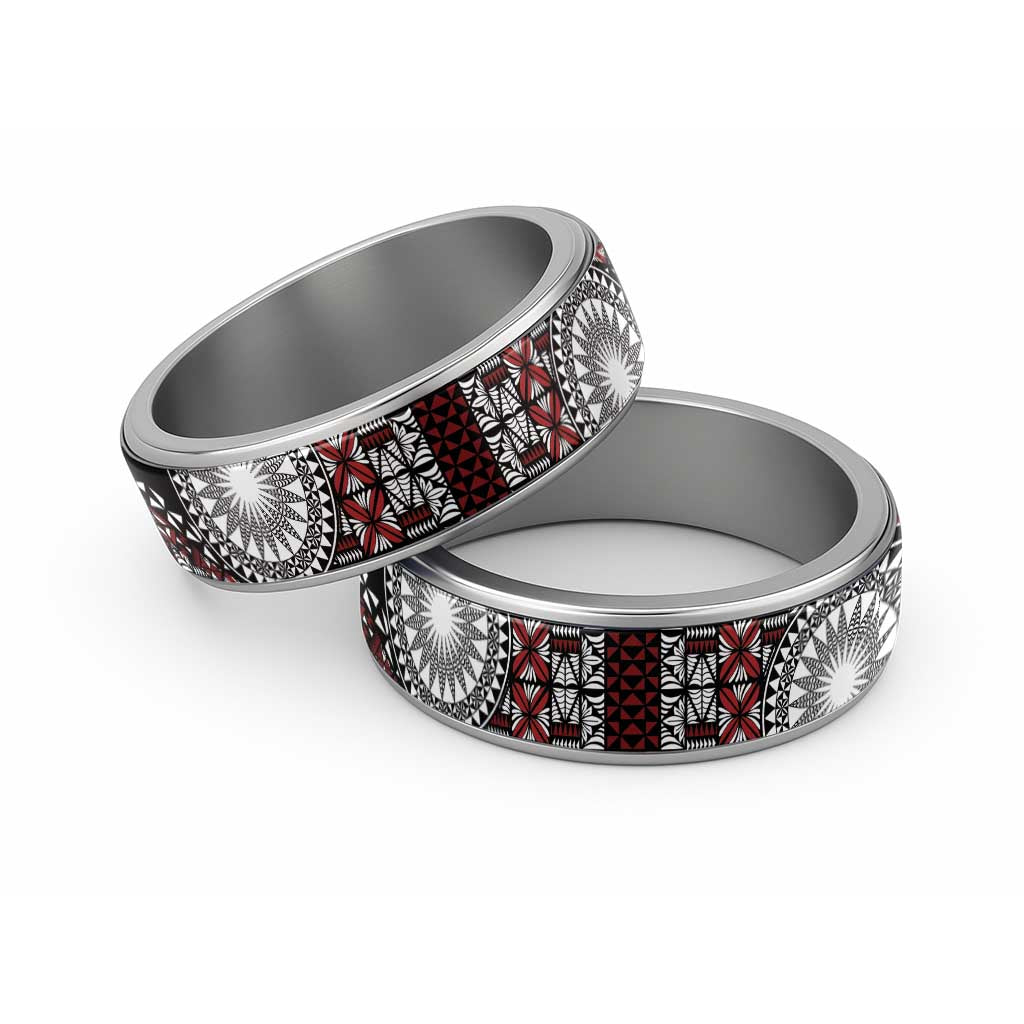 Red Tongan Ngatu Fonulei Pattern Classic Ring LT9 Sliver Red - Polynesian Pride