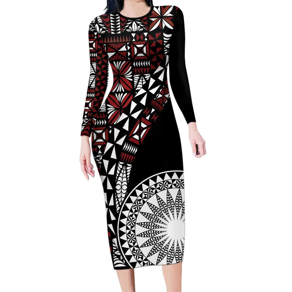 Red Tongan Ngatu Fonulei Pattern Long Sleeve Bodycon Dress LT9 Long Dress Red - Polynesian Pride