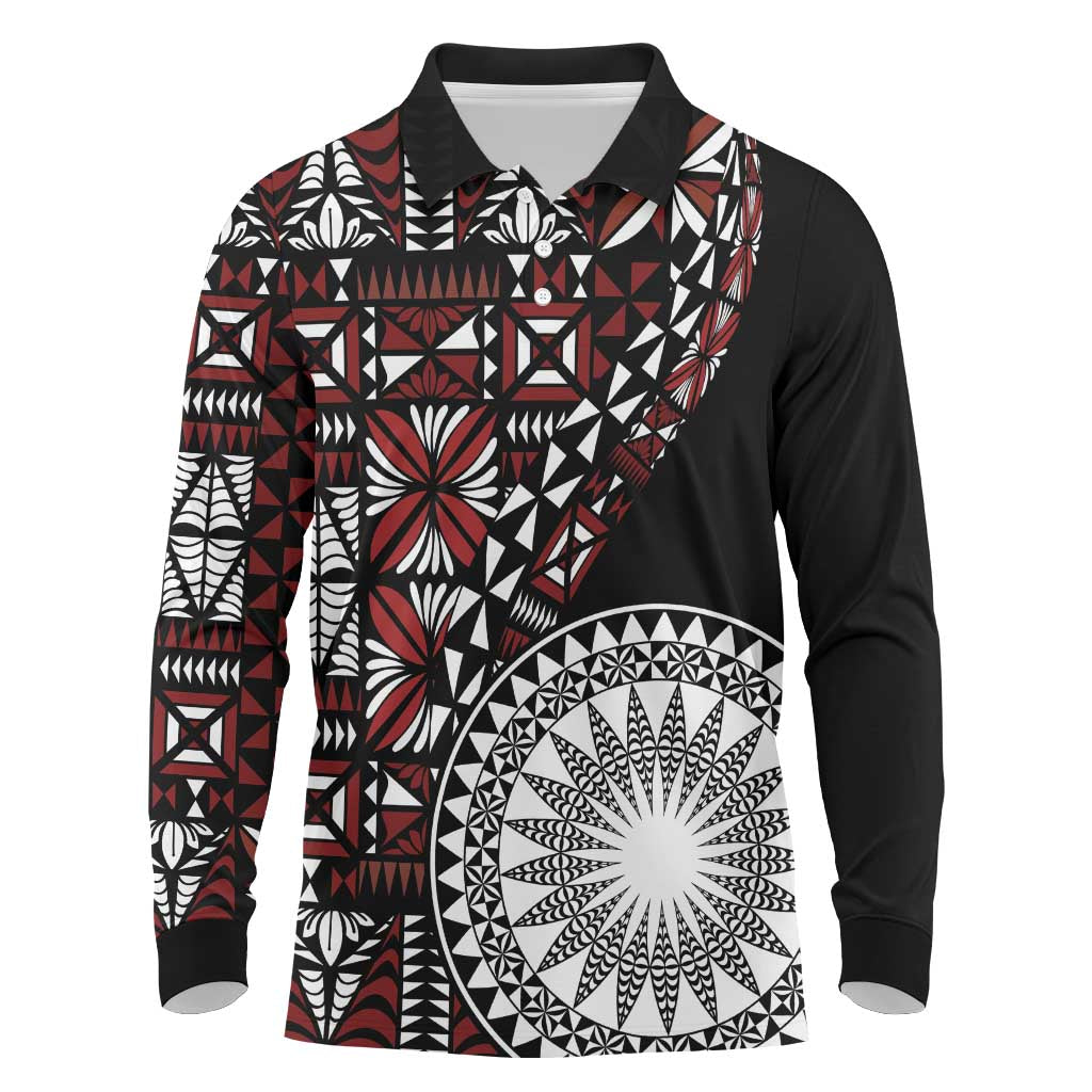 Red Tongan Ngatu Fonulei Pattern Long Sleeve Polo Shirt LT9 Red - Polynesian Pride