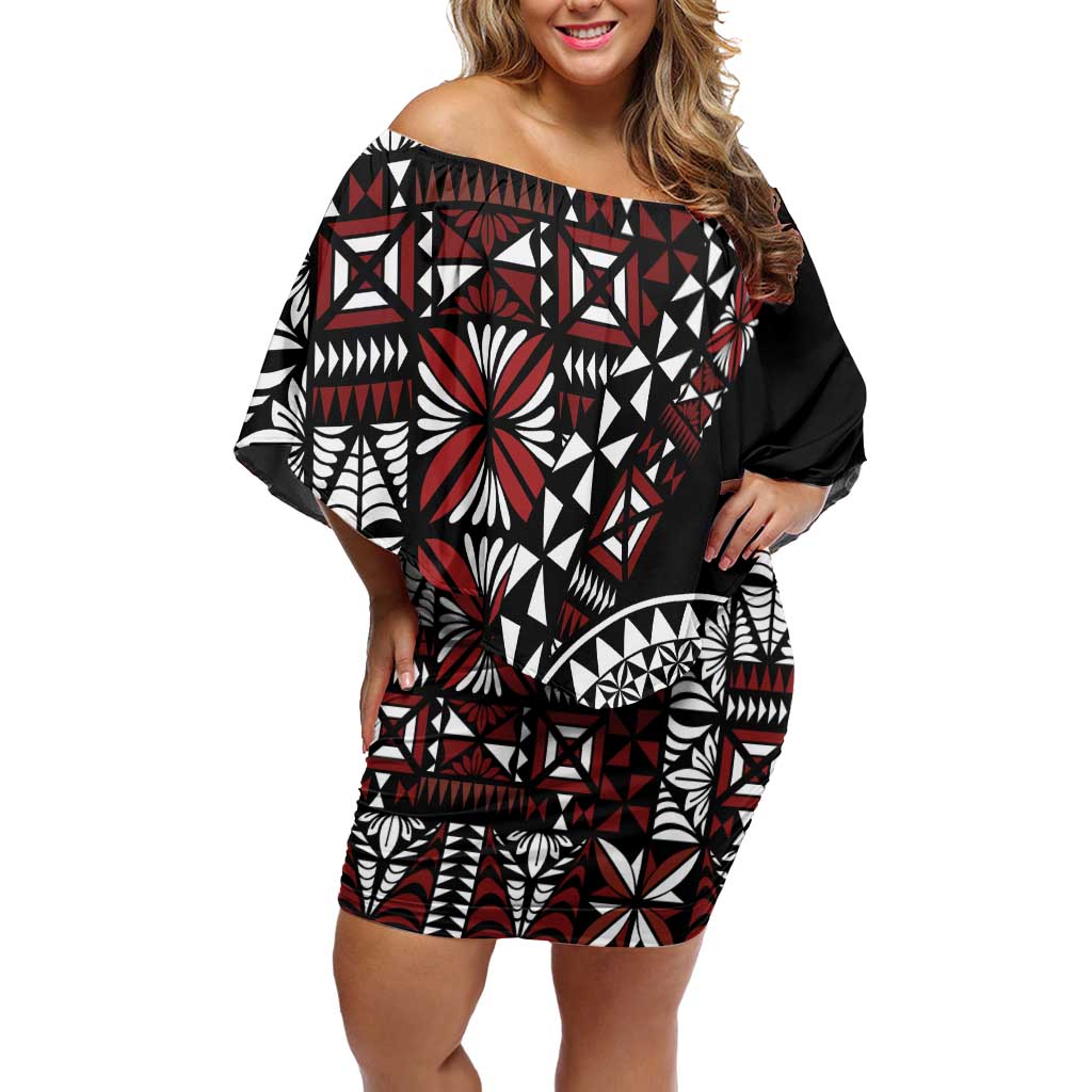 Red Tongan Ngatu Fonulei Pattern Off Shoulder Short Dress LT9 Women Red - Polynesian Pride