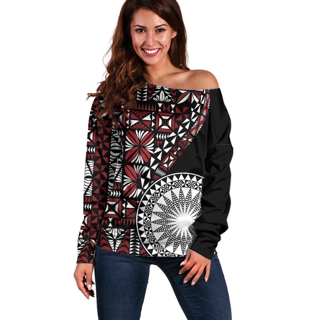 Red Tongan Ngatu Fonulei Pattern Off Shoulder Sweater LT9 Women Red - Polynesian Pride