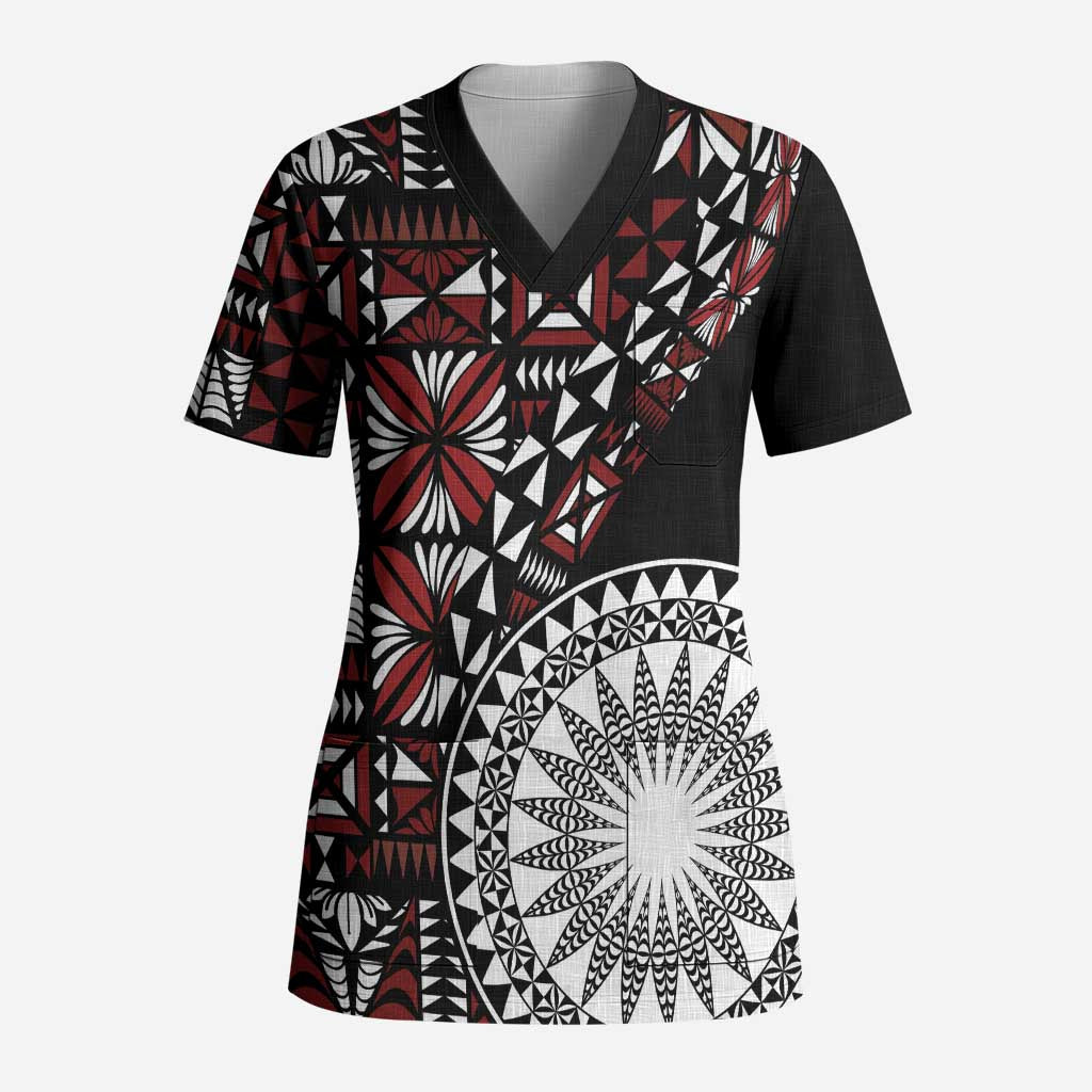 Red Tongan Ngatu Fonulei Pattern Scrub Top LT9 Adult Red - Polynesian Pride
