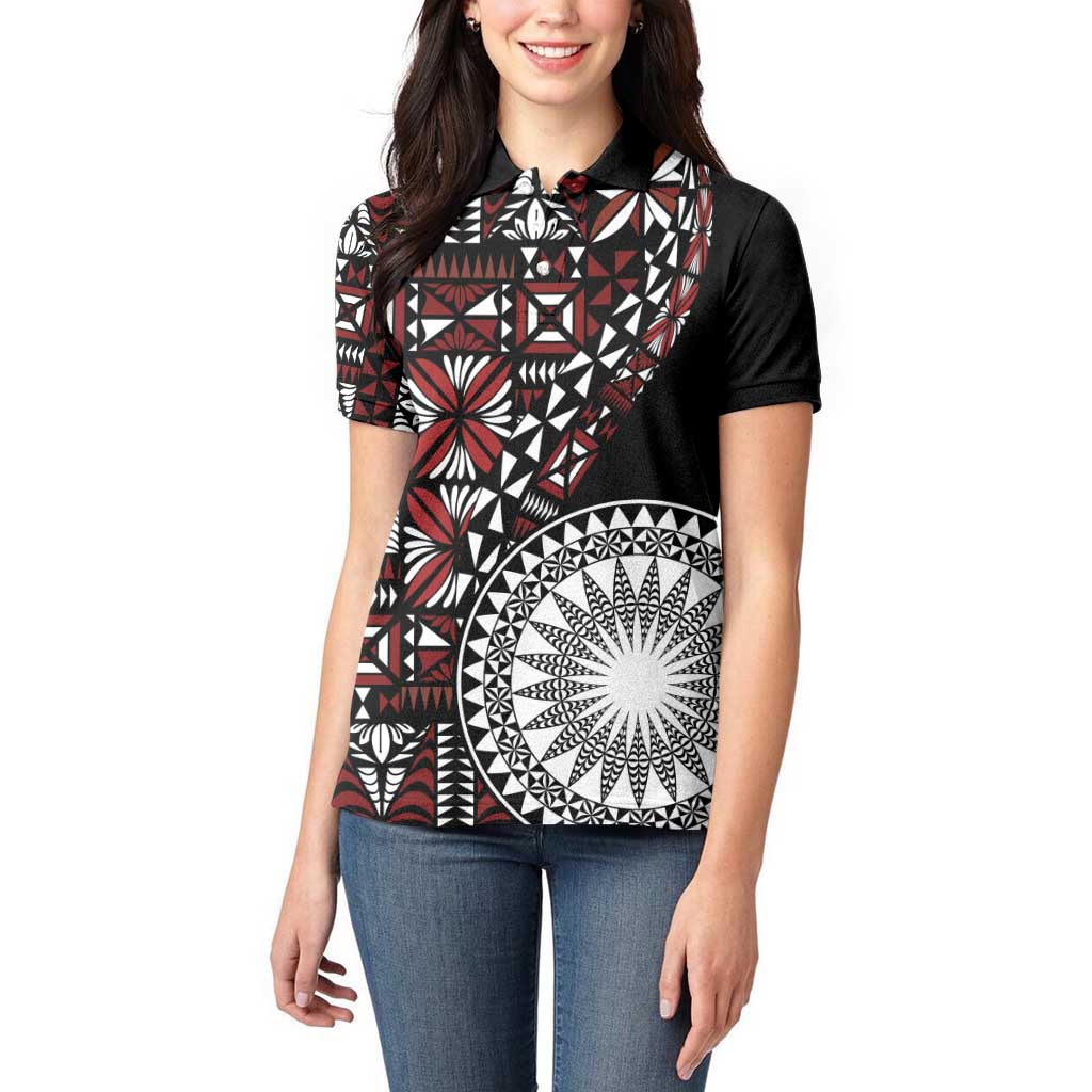 Red Tongan Ngatu Fonulei Pattern Women Polo Shirt LT9 - Polynesian Pride