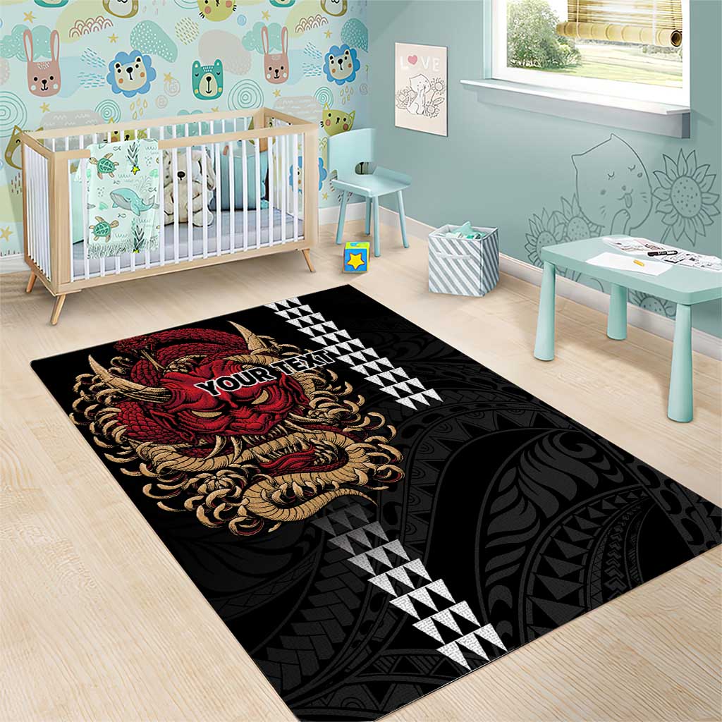 Hawaii and Japanese Oni Mask Personalised Area Rug Kakau Pattern Dark Art Style LT9 - Polynesian Pride