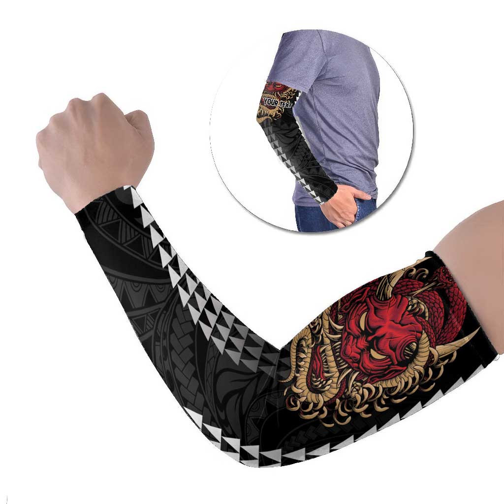 Hawaii and Japanese Oni Mask Personalised Arm Sleeves Kakau Pattern Dark Art Style LT9 Set of 2 Black - Polynesian Pride