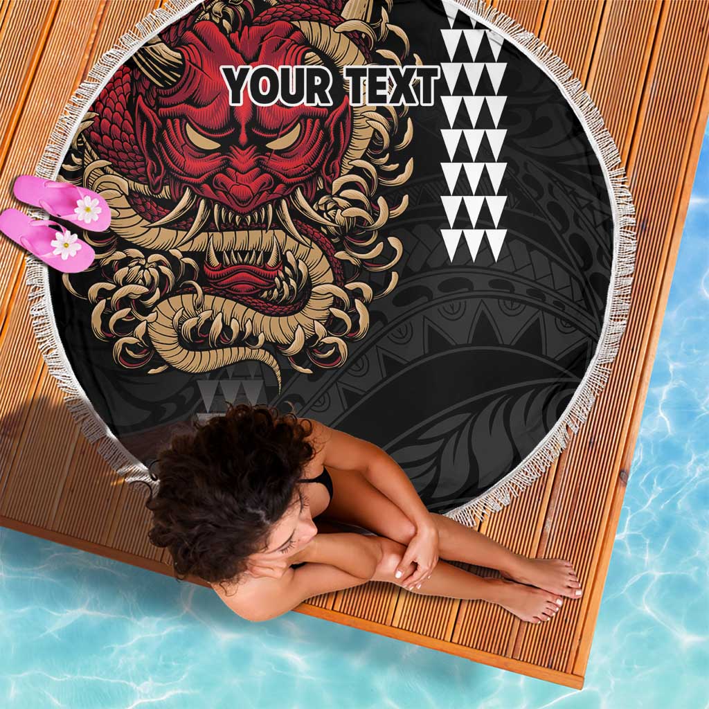Hawaii and Japanese Oni Mask Personalised Beach Blanket Kakau Pattern Dark Art Style LT9 - Polynesian Pride