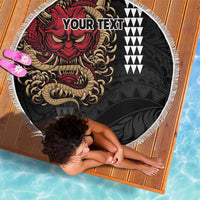 Hawaii and Japanese Oni Mask Personalised Beach Blanket Kakau Pattern Dark Art Style LT9 - Polynesian Pride