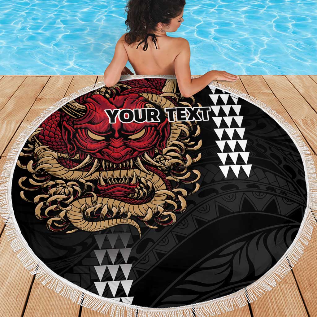 Hawaii and Japanese Oni Mask Personalised Beach Blanket Kakau Pattern Dark Art Style LT9 - Polynesian Pride