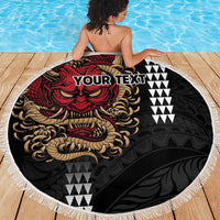 Hawaii and Japanese Oni Mask Personalised Beach Blanket Kakau Pattern Dark Art Style LT9 - Polynesian Pride