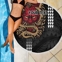 Hawaii and Japanese Oni Mask Personalised Beach Blanket Kakau Pattern Dark Art Style LT9 - Polynesian Pride