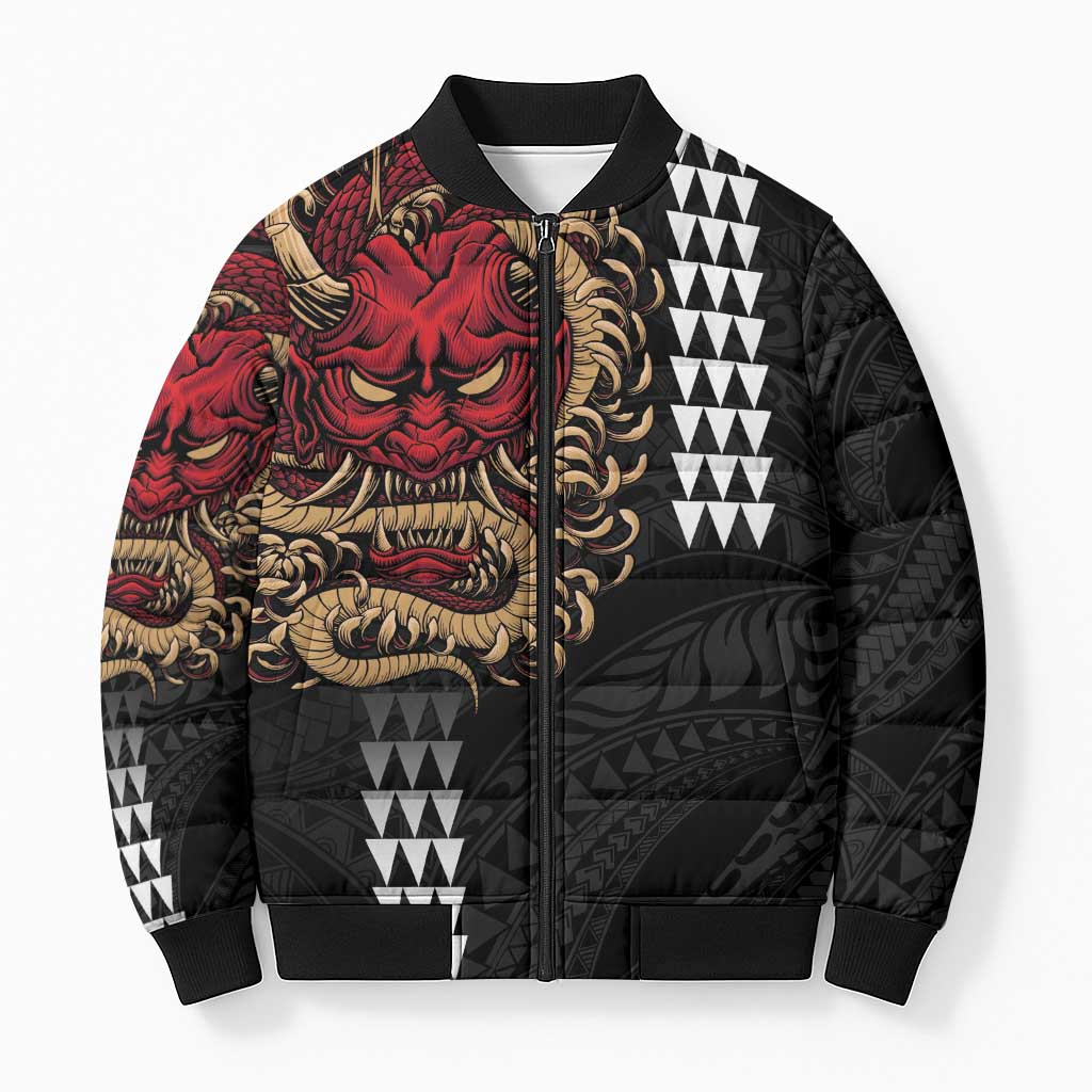 Hawaii and Japanese Oni Mask Personalised Bomber Puffer Jacket Kakau Pattern Dark Art Style LT9 Unisex Black - Polynesian Pride