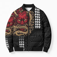 Hawaii and Japanese Oni Mask Personalised Bomber Puffer Jacket Kakau Pattern Dark Art Style LT9 Unisex Black - Polynesian Pride