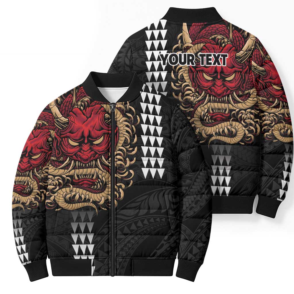 Hawaii and Japanese Oni Mask Personalised Bomber Puffer Jacket Kakau Pattern Dark Art Style LT9 - Polynesian Pride