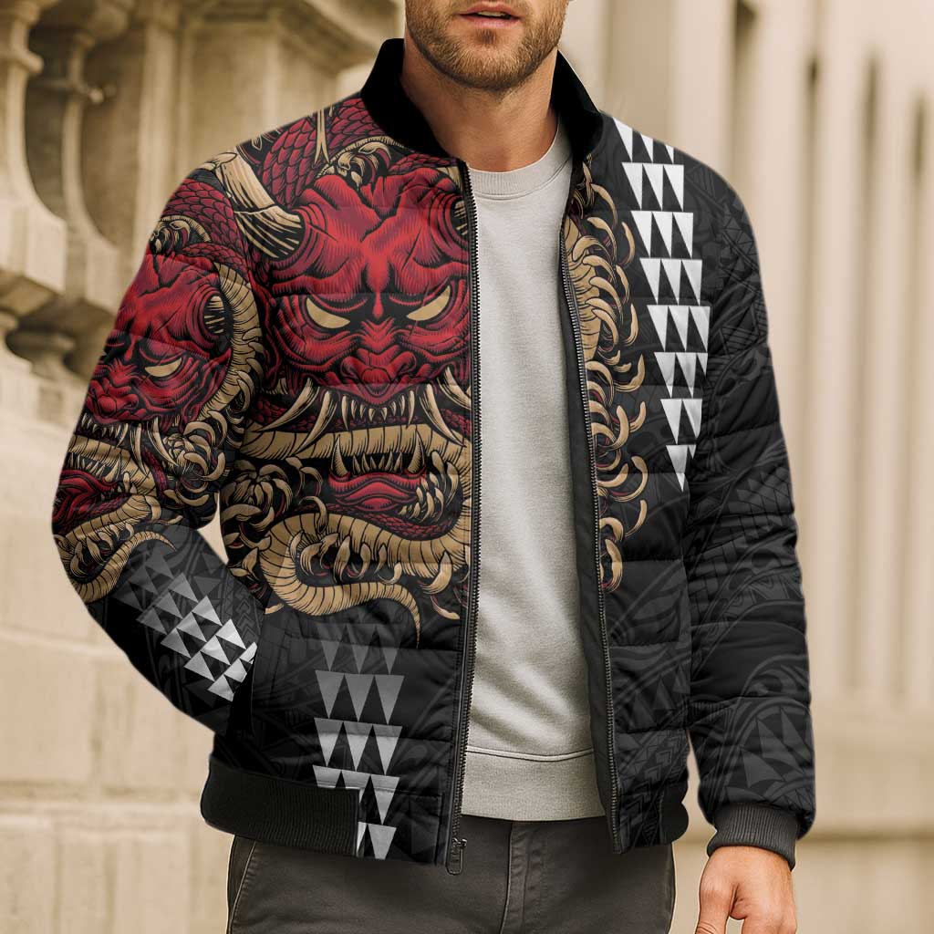 Hawaii and Japanese Oni Mask Personalised Bomber Puffer Jacket Kakau Pattern Dark Art Style LT9 - Polynesian Pride