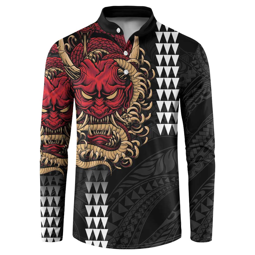 Hawaii and Japanese Oni Mask Personalised Button Sweatshirt Kakau Pattern Dark Art Style LT9 Black - Polynesian Pride