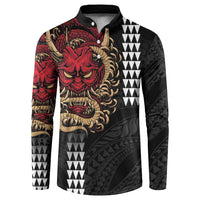 Hawaii and Japanese Oni Mask Personalised Button Sweatshirt Kakau Pattern Dark Art Style LT9 Black - Polynesian Pride
