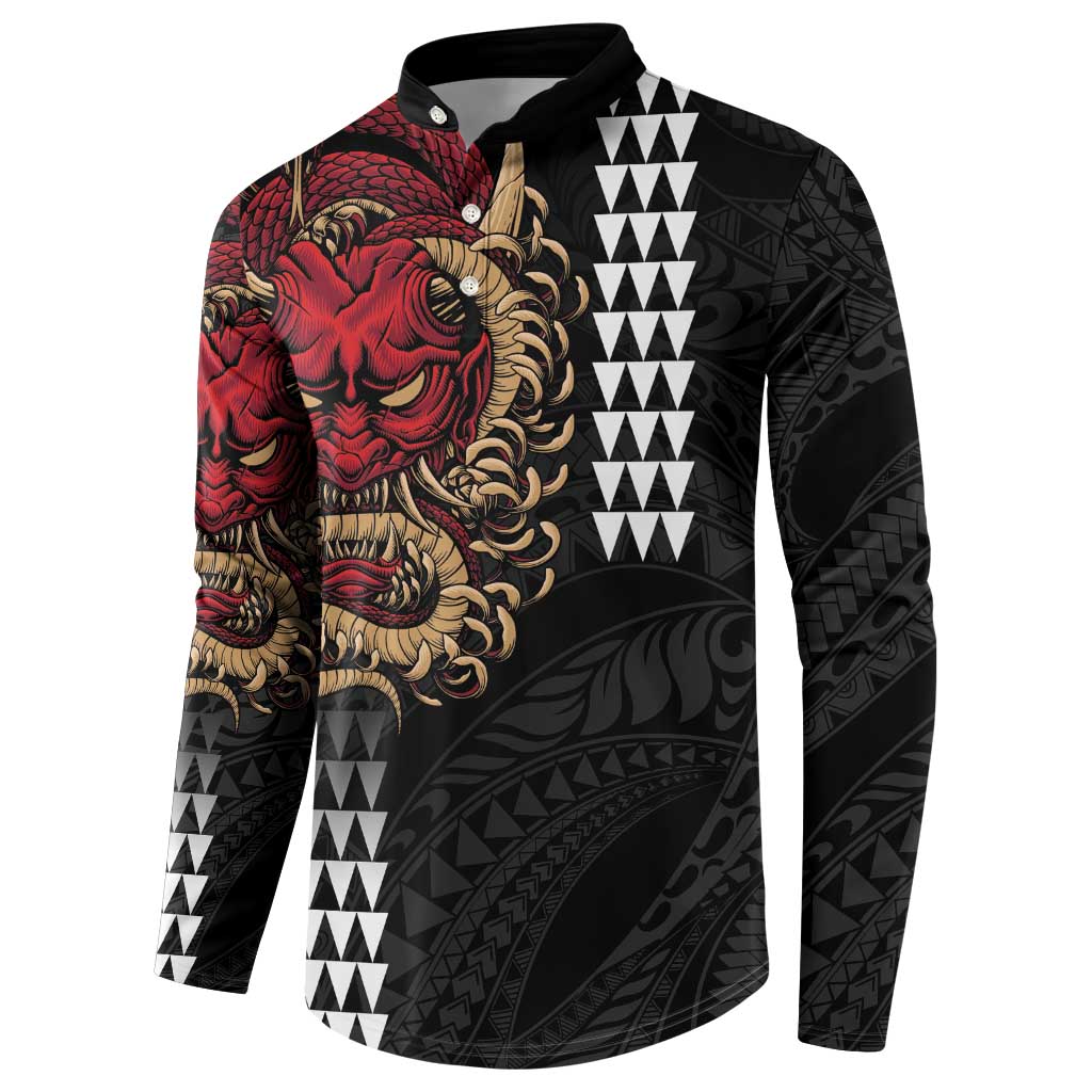 Hawaii and Japanese Oni Mask Personalised Button Sweatshirt Kakau Pattern Dark Art Style LT9 - Polynesian Pride