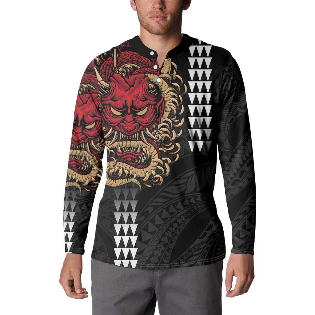 Hawaii and Japanese Oni Mask Personalised Button Sweatshirt Kakau Pattern Dark Art Style LT9 - Polynesian Pride