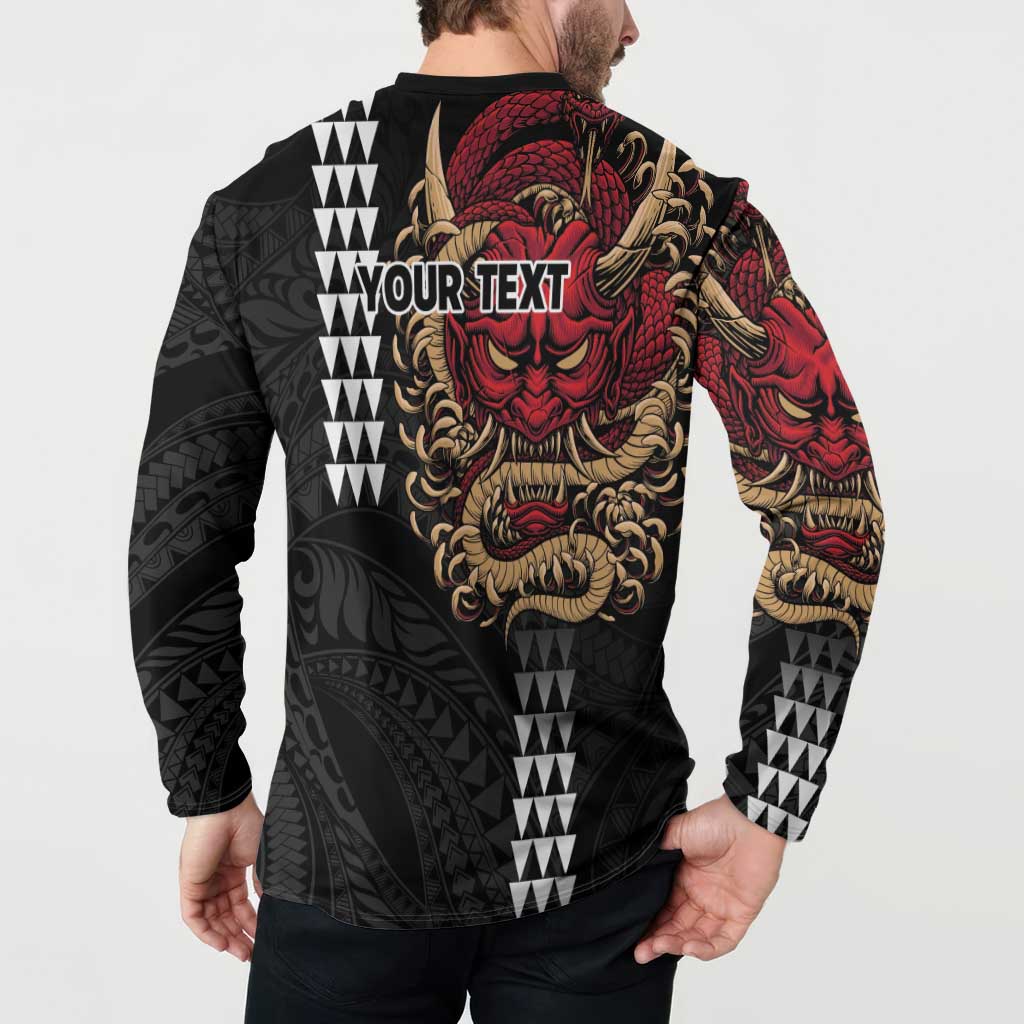 Hawaii and Japanese Oni Mask Personalised Button Sweatshirt Kakau Pattern Dark Art Style LT9 - Polynesian Pride