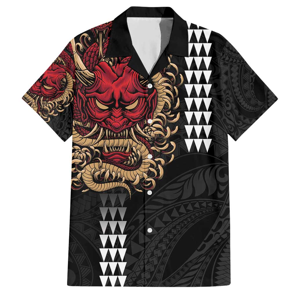 Hawaii and Japanese Oni Mask Personalised Hawaiian Shirt Kakau Pattern Dark Art Style LT9 Black - Polynesian Pride