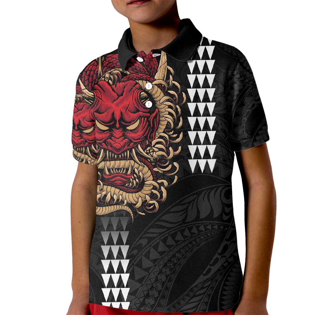 Hawaii and Japanese Oni Mask Personalised Kid Polo Shirt Kakau Pattern Dark Art Style LT9 Kid Black - Polynesian Pride