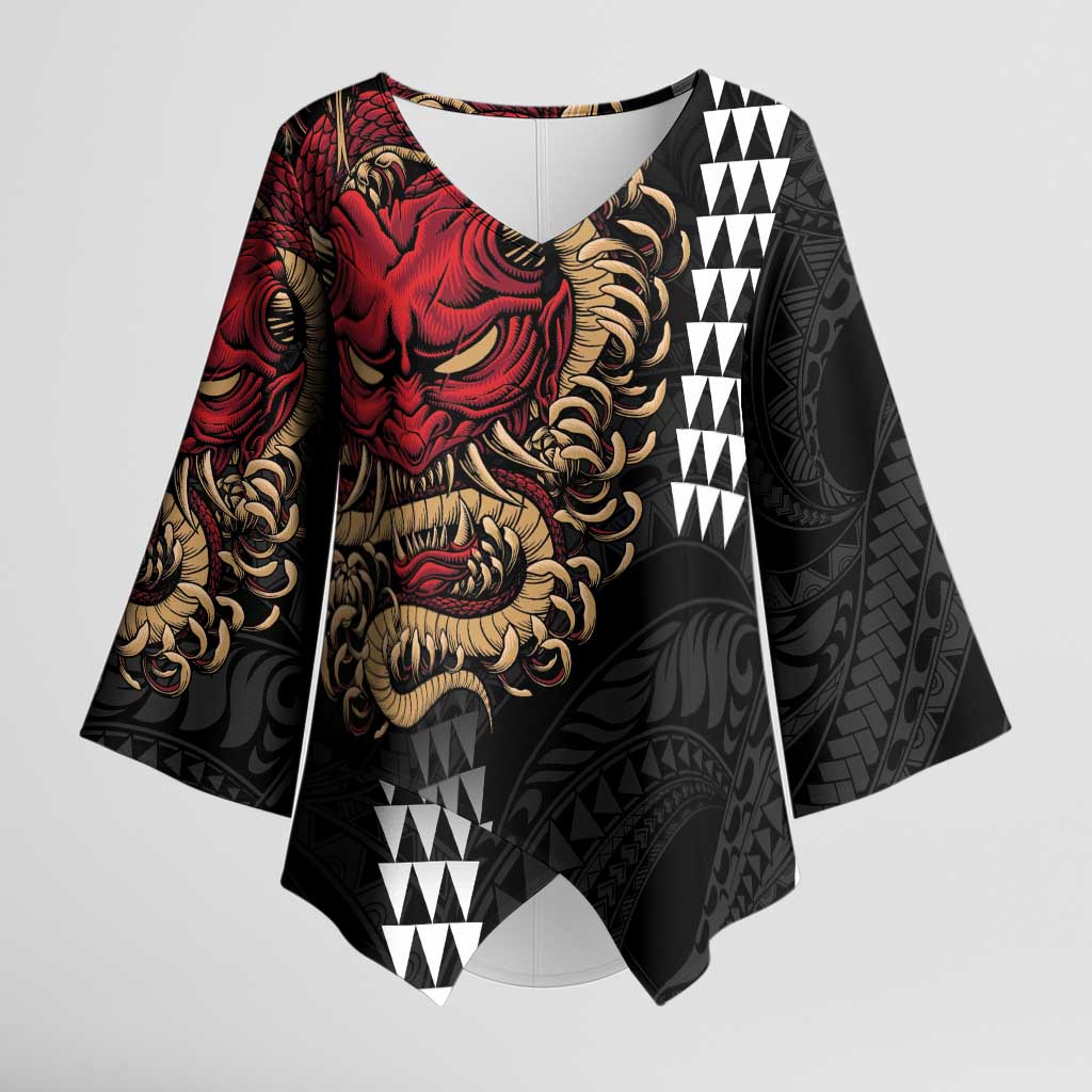 Hawaii and Japanese Oni Mask Personalised Kimono Sleeve Blouse Kakau Pattern Dark Art Style LT9 Female Black - Polynesian Pride