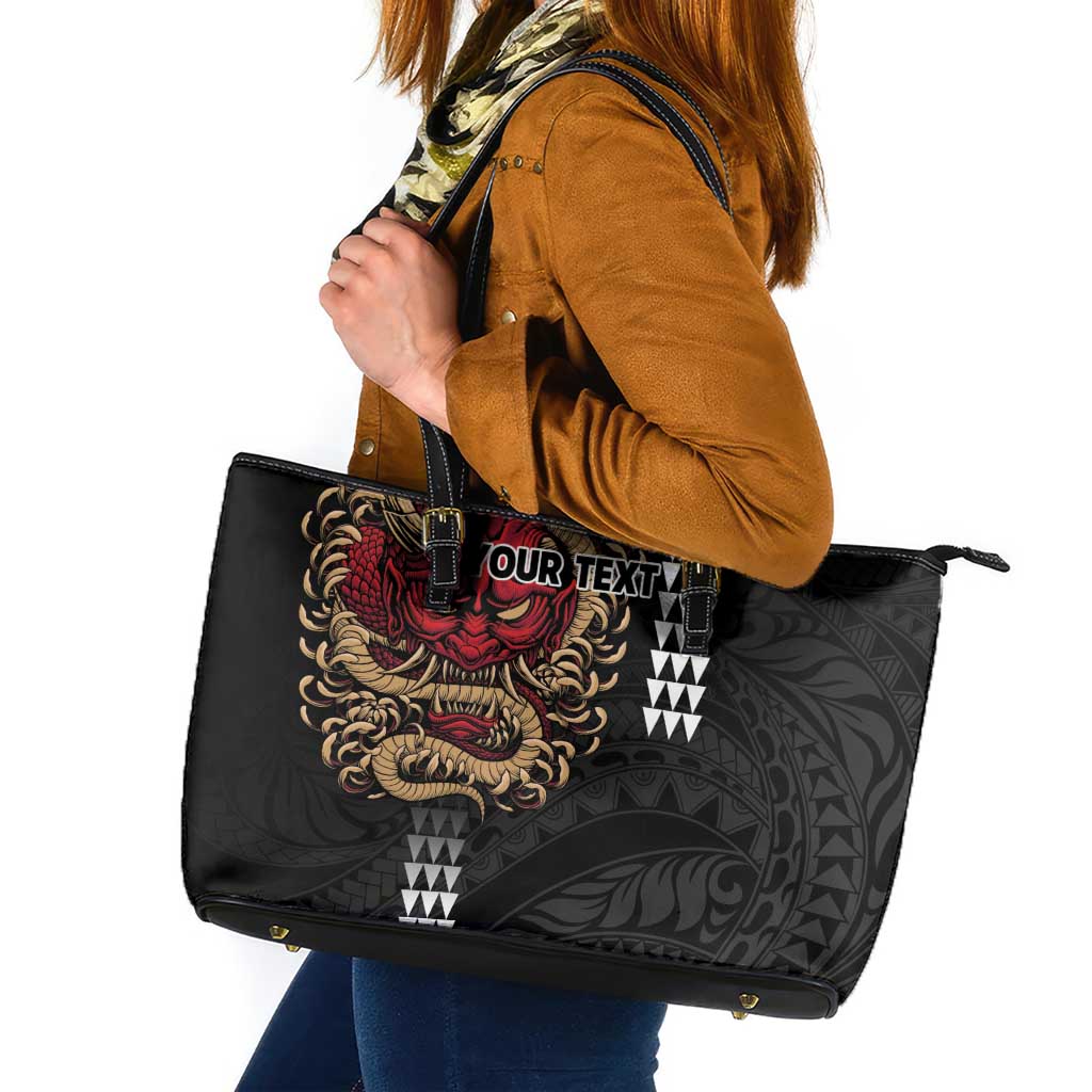 Hawaii and Japanese Oni Mask Personalised Leather Tote Bag Kakau Pattern Dark Art Style LT9 Black - Polynesian Pride