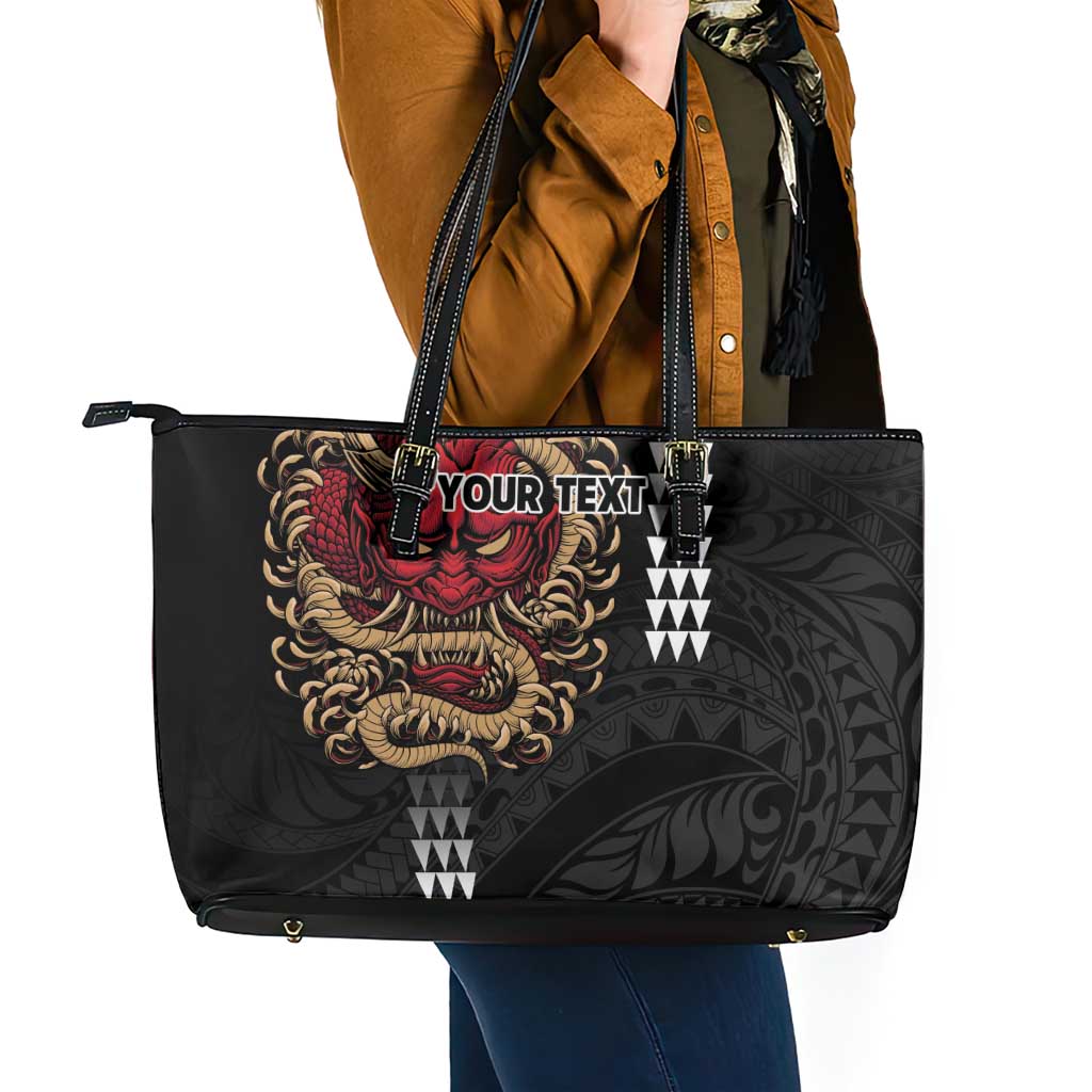 Hawaii and Japanese Oni Mask Personalised Leather Tote Bag Kakau Pattern Dark Art Style LT9 - Polynesian Pride