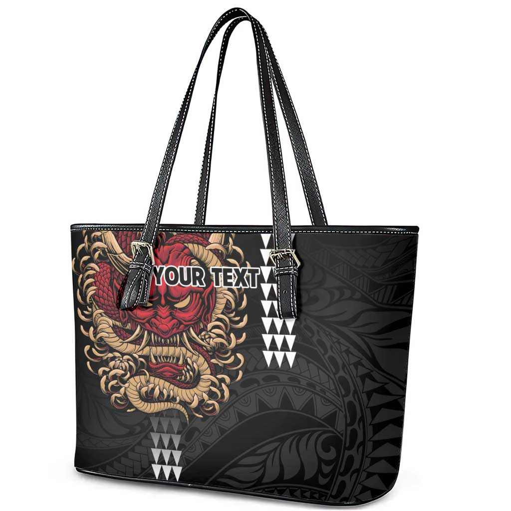 Hawaii and Japanese Oni Mask Personalised Leather Tote Bag Kakau Pattern Dark Art Style LT9 - Polynesian Pride