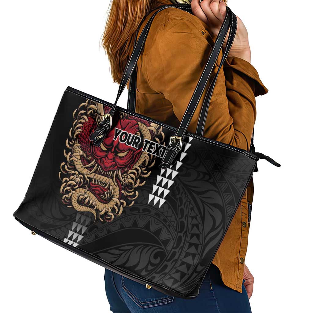 Hawaii and Japanese Oni Mask Personalised Leather Tote Bag Kakau Pattern Dark Art Style LT9 - Polynesian Pride