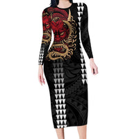 Hawaii and Japanese Oni Mask Personalised Long Sleeve Bodycon Dress Kakau Pattern Dark Art Style LT9 Long Dress Black - Polynesian Pride