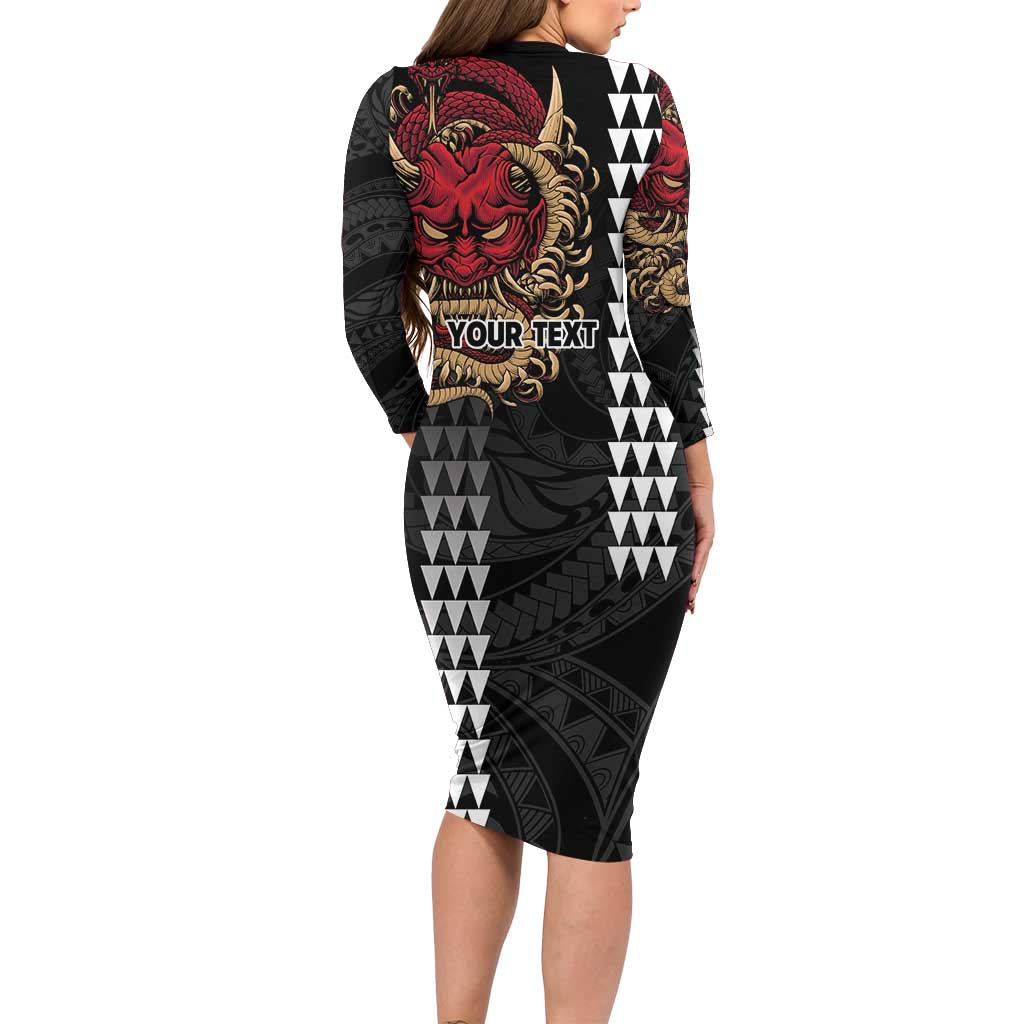 Hawaii and Japanese Oni Mask Personalised Long Sleeve Bodycon Dress Kakau Pattern Dark Art Style LT9 - Polynesian Pride