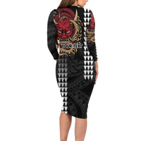 Hawaii and Japanese Oni Mask Personalised Long Sleeve Bodycon Dress Kakau Pattern Dark Art Style LT9 - Polynesian Pride