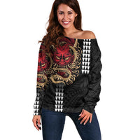 Hawaii and Japanese Oni Mask Personalised Off Shoulder Sweater Kakau Pattern Dark Art Style LT9 Women Black - Polynesian Pride