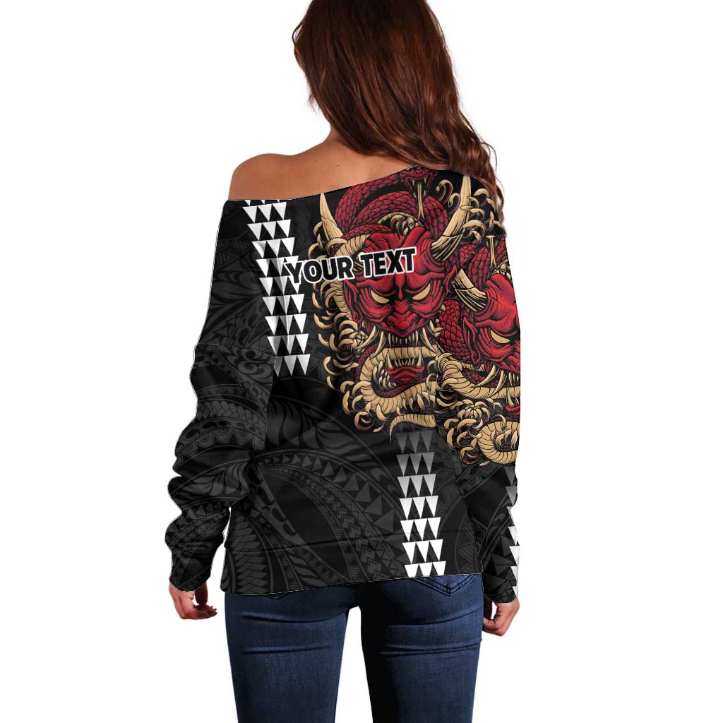 Hawaii and Japanese Oni Mask Personalised Off Shoulder Sweater Kakau Pattern Dark Art Style LT9 - Polynesian Pride
