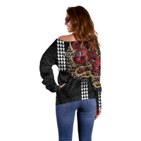 Hawaii and Japanese Oni Mask Personalised Off Shoulder Sweater Kakau Pattern Dark Art Style LT9 - Polynesian Pride