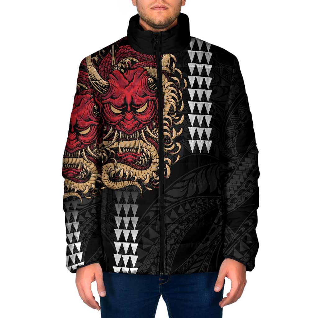 Hawaii and Japanese Oni Mask Personalised Padded Jacket Kakau Pattern Dark Art Style LT9 Men Black - Polynesian Pride