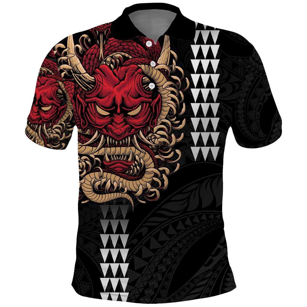 Hawaii and Japanese Oni Mask Personalised Polo Shirt Kakau Pattern Dark Art Style LT9 Black - Polynesian Pride