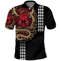 Hawaii and Japanese Oni Mask Personalised Polo Shirt Kakau Pattern Dark Art Style LT9 Black - Polynesian Pride