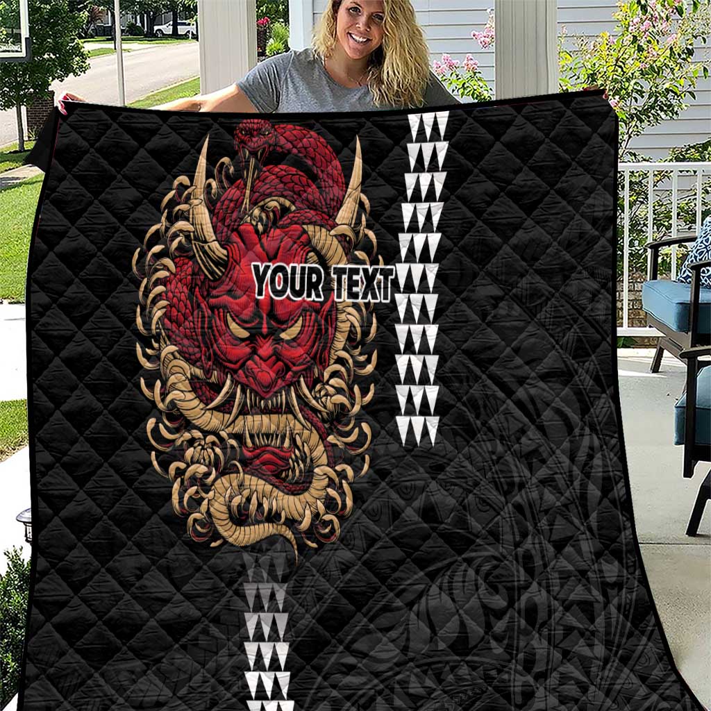 Hawaii and Japanese Oni Mask Personalised Quilt Kakau Pattern Dark Art Style LT9 Black - Polynesian Pride