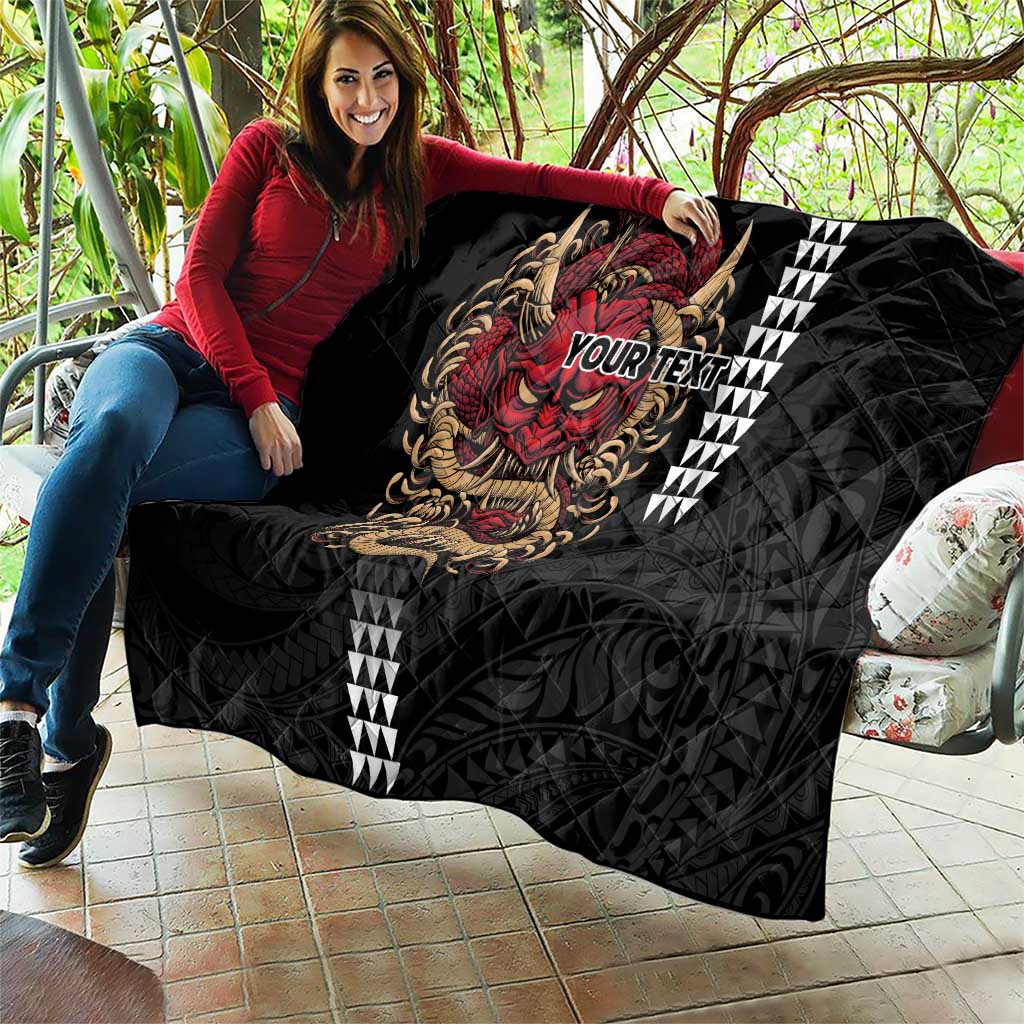 Hawaii and Japanese Oni Mask Personalised Quilt Kakau Pattern Dark Art Style LT9 - Polynesian Pride